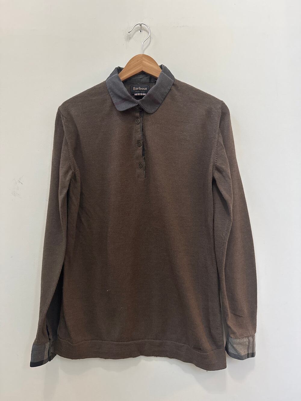Barbour Womens Hepscott Merino Wool Brown Winter Tartan Long Sleeve Polo Size 10